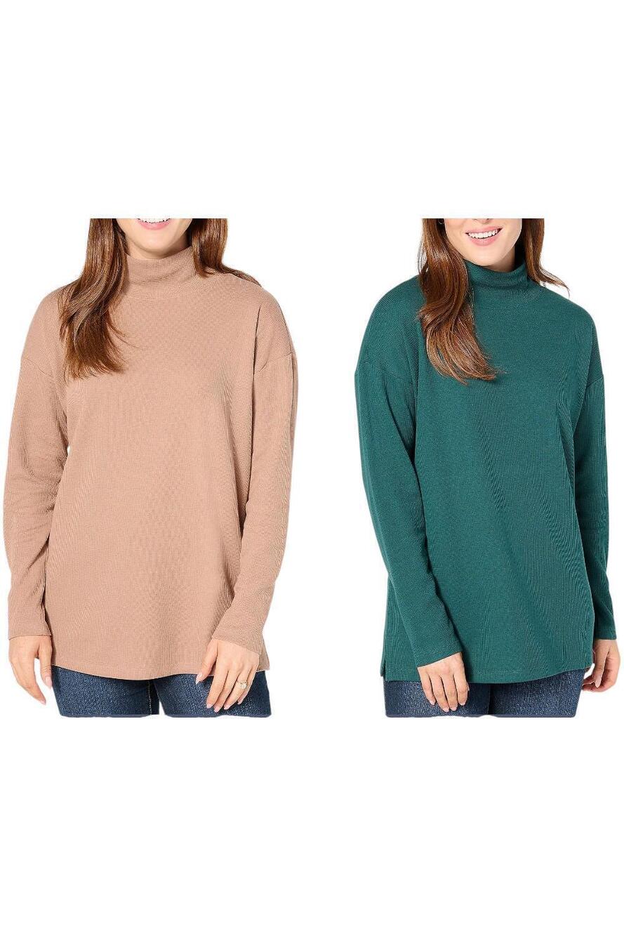 Denim & Co. Women's Essentials 2-Pack Mock Neck Tunics Taupe/Mld Green - Petite